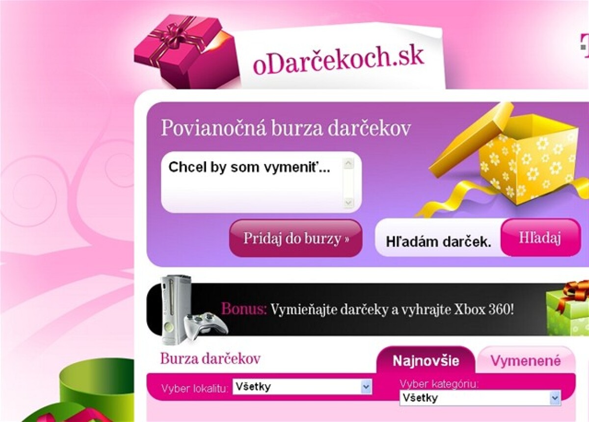 darček, burza darčkov, T-Com, Vianoce, stránka