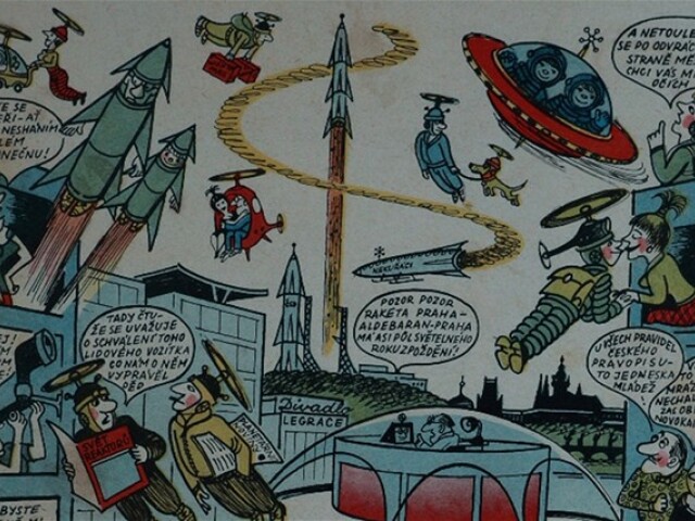 Vízie budúcnosti mali rôzne podoby. Od vážnych ilustrácií v sci-fi knihách a technologických časopisoch (vľavo) až po satirické zobrazenia ako Praha v roku 2058 z časopisu Dikobraz.