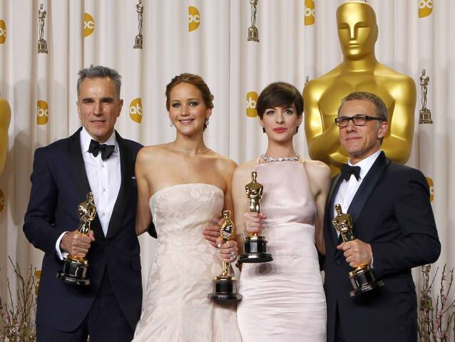 Daniel Day Lewis, Jennifer Lawrence, Anne Hathaway a Christoph Waltz