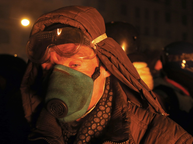ukrajina, protesty, kyjev, plynová maska