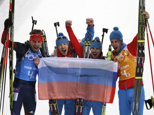 Rusko, biatlon, muži, radosť, Soči