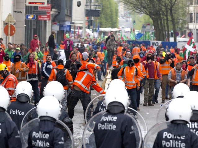 Brusel, Belgicko, prostest, demonštrácia, odbory