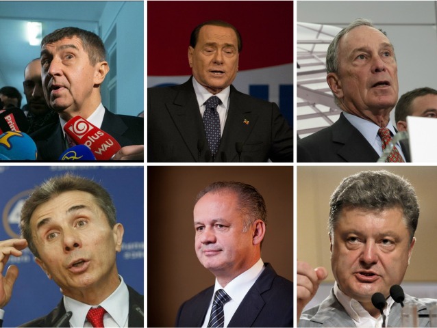 Koláž, Babiš, Porošenko, Bloomberg, Kiska, Ivanišvili, Berlusconi