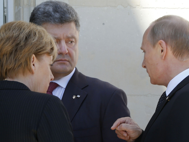 Angela Merkelová, Petro Porošenko, Vladimir Putin
