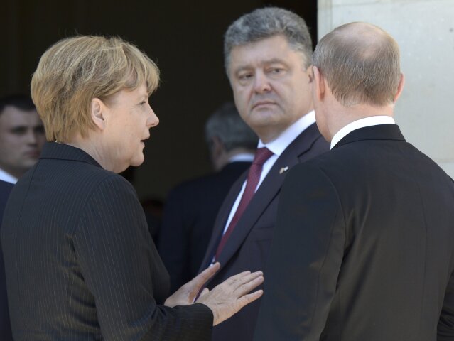 Petro Porošenko, Angela Merkelová, Vladimir Putin, Ukrajina, Rusko