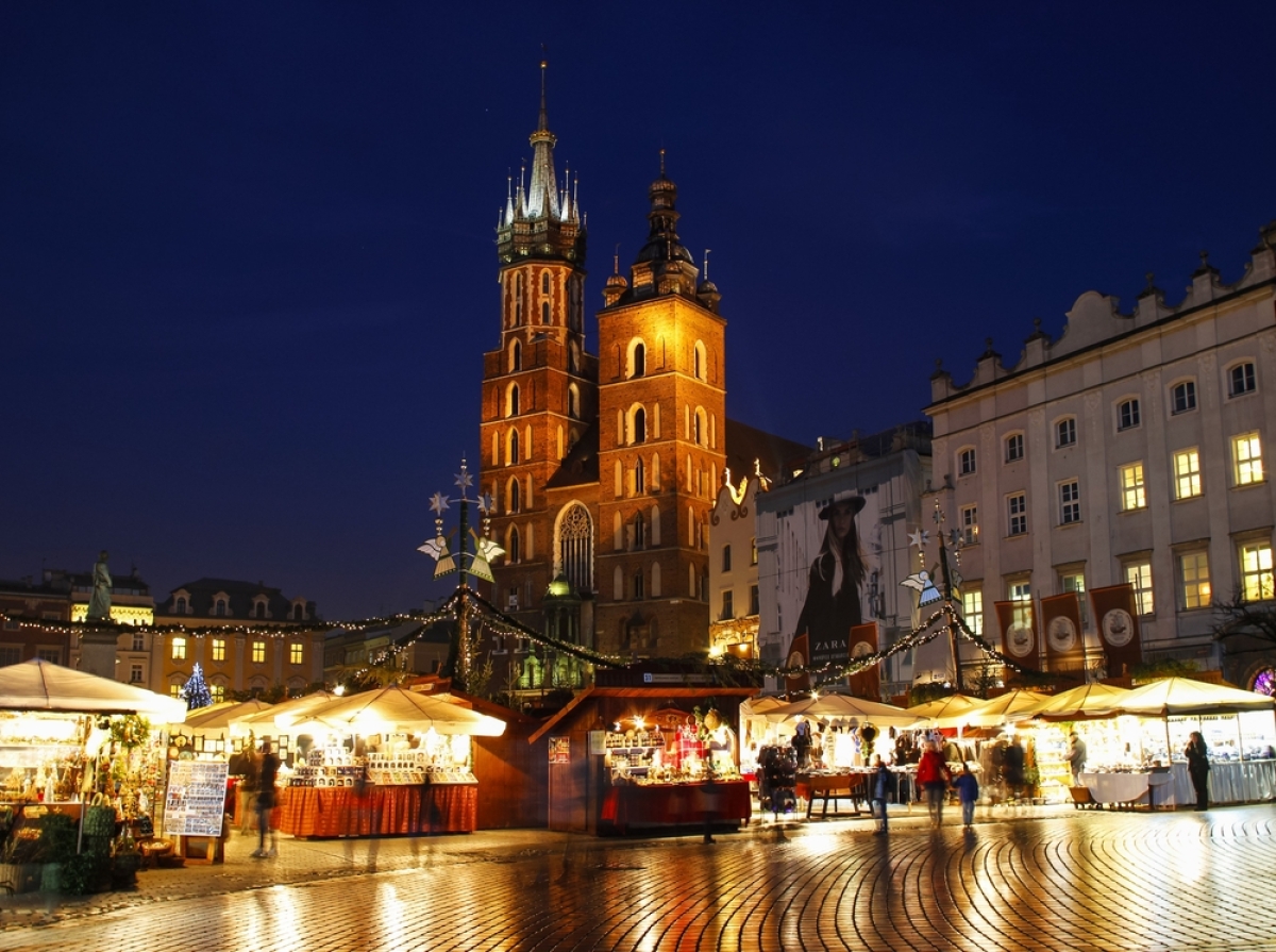 Krakov, Poľsko, mesto, noc, námestie, 