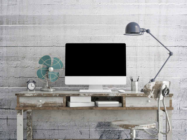 počítač, stôl, pracovná plocha, osvetlenie, home office