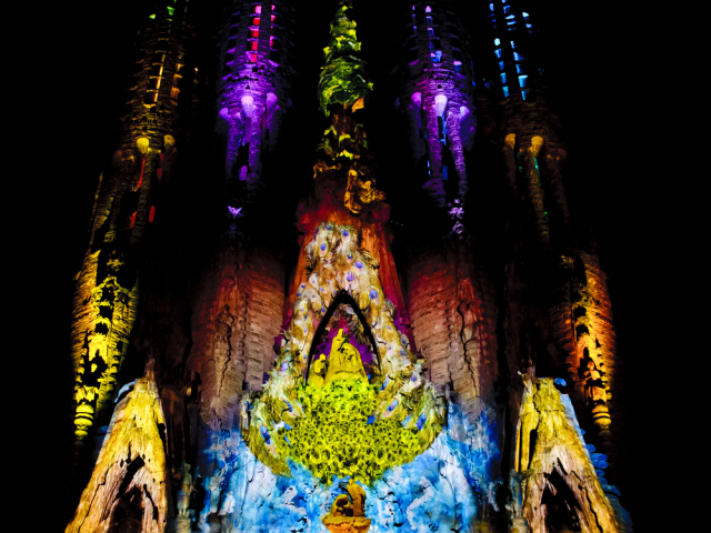 španielsko, katedrála, video, projekcia, show, la sagrada familia,