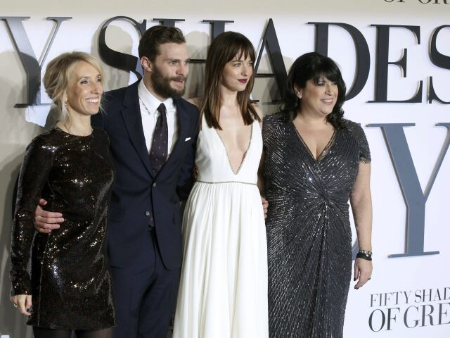 Sam Taylor-Johnson, herci Jamie Dornan, Dakota Johnson a spisovateľka E. L. James