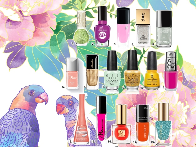 Lak na nechty Candy Shine Miss Sporty, Miracle Gel by Sally Hansen, Lancome - odtieň Rose Monceau, Yves Saint Laurent - odtieň Nuit Blanche, Chanel - odtieň Paradisio, Dior - odtieň Majesty, Guerlain - odtieň Coque D´Or, Opi - odtieň Pineapples Hav