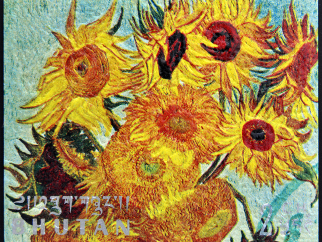 známka, Bhután, Slnečnice, Vincent Van Gogh