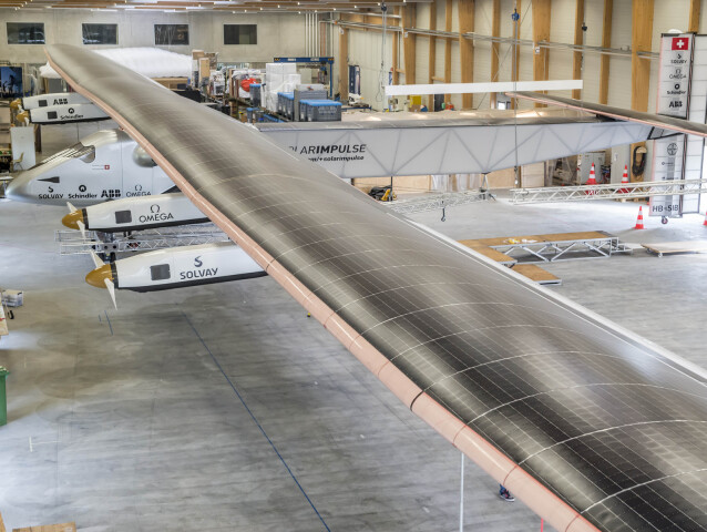 Payerne, Switzerland: Solar Impulse 2, the single seater solar airplane with which Bertrand Piccard and AndrâÂ© Borschberg will attempt in 2015 the first round-the-world solar flight.