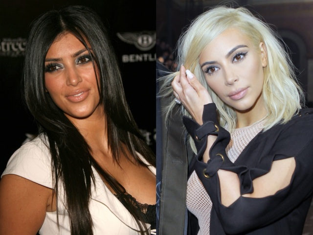 Kim Kardashian na zábere z roku 2007 (vľavo) a fotografii z marca 2015 z Paríža.  
