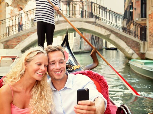 Benátky, cestovanie, kanál, gondola, gondolier, pár, selfie, Taliansko,