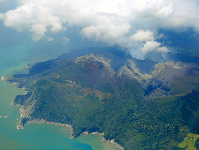 Japonsko, sopka, vulkán, ostrov, láva, dym, popol, erupcia
