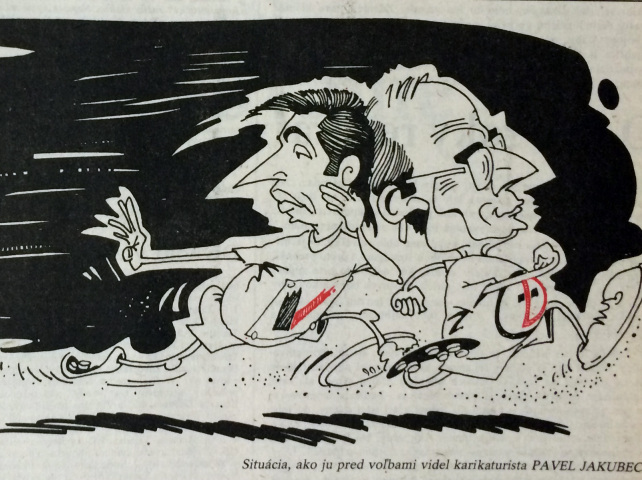 Karikatúra Pavla Jakubca, prvé voľby, Čarnogurský, Weiss, Budaj