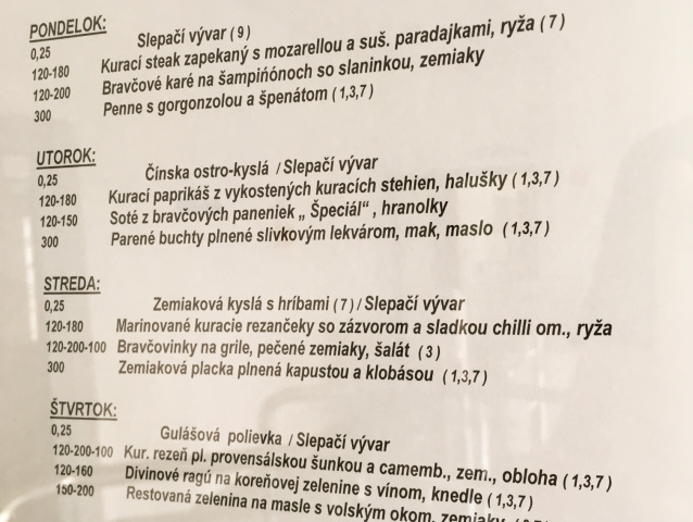 jedálny lístok