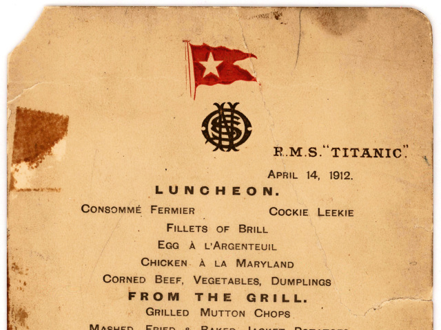 Titanic, obedové menu, dražba, artefakt,