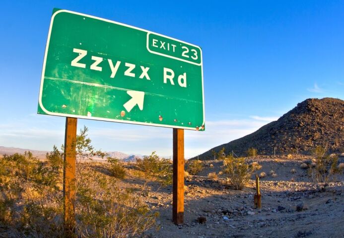 Zzyzx, USA, cesta, tabuľa, road, cestovanie, auto, diaľnica, Amerika, púšť