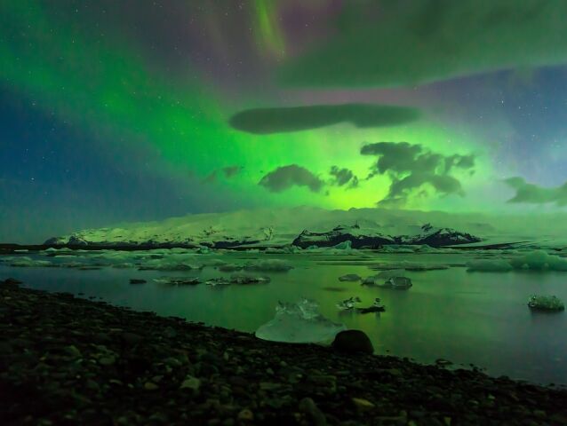 Jökulsárlón, zátoka, lagúna, aurora, polárna žiara, Island, ľad, ľadovce, jazero,