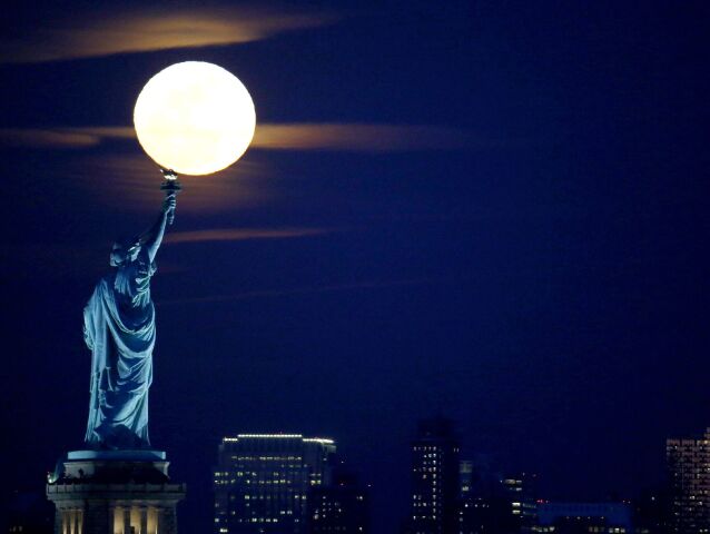 New York, New Jersey, socha slobody, USA, mesiac, spln, noc