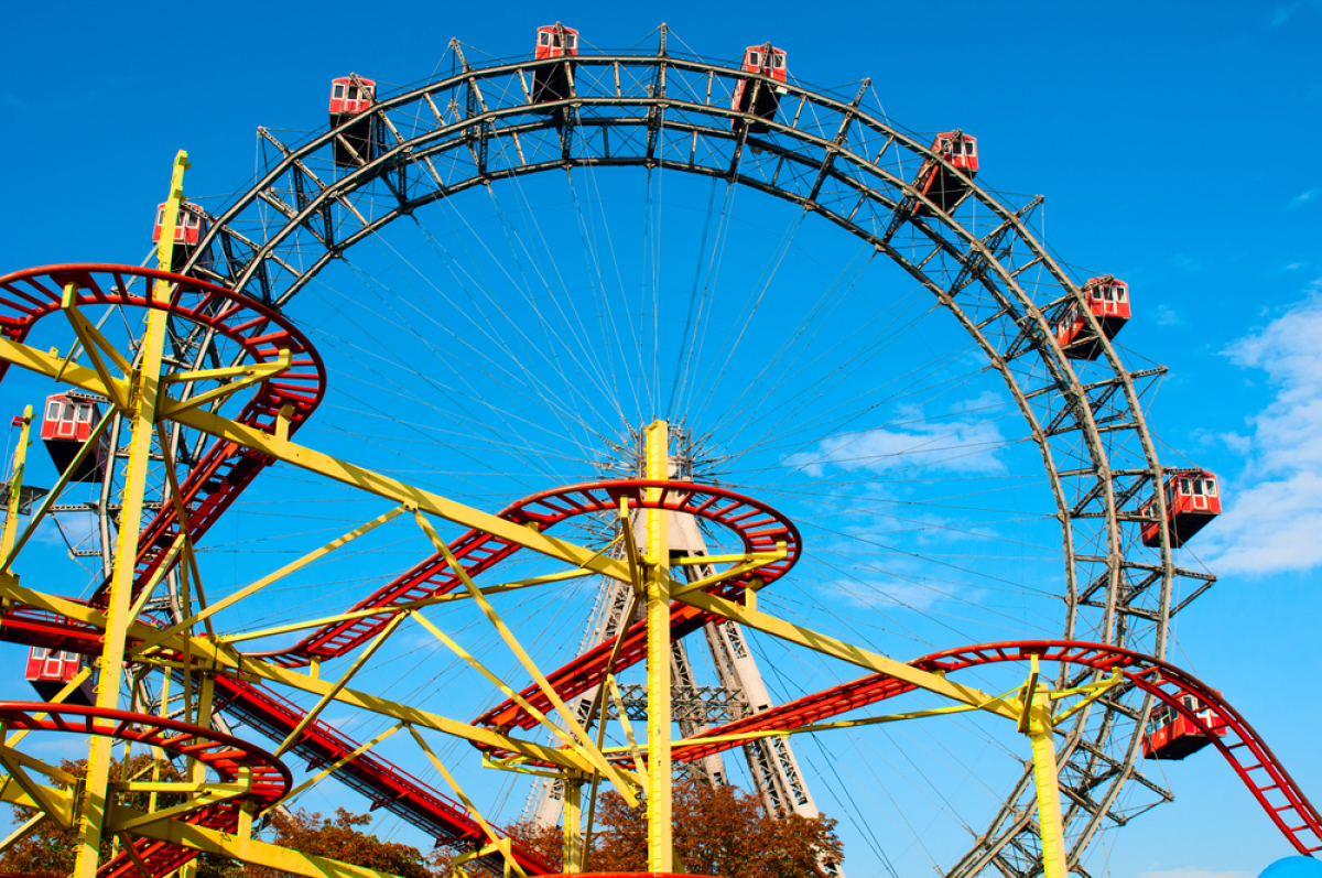 Práter, Prater, Viedeň, Rakúsko, ruské kolo, Wiener Riesenrad, kabínky, húsenicová dráha