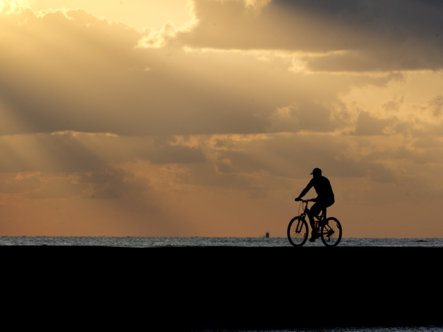 slnko, mraky, obloha, bicykel, cyklistika, šport, bicyklovanie, cyklista, večer, západ slnka, Florida, more,