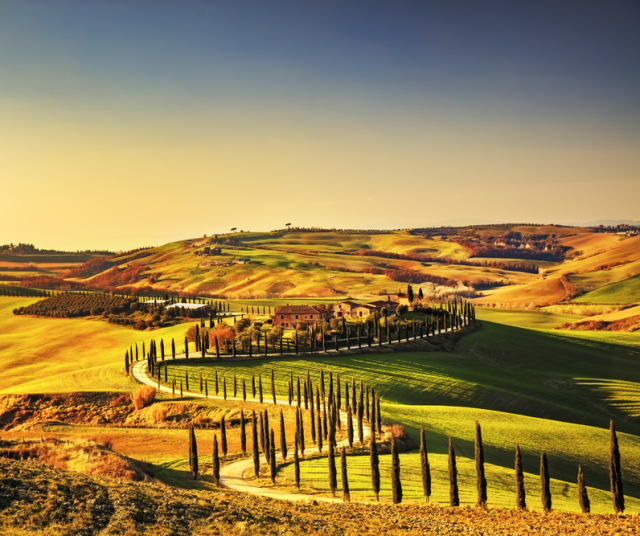 Taliansko, Toskánsko, Crete Senesi, polia, večer, cesta, dom