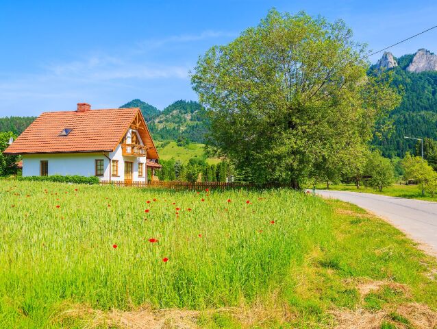 Pieniny, dom, strom, les, tráva, príroda, hory, kopce, vlčie maky, turistika, turista, výlet, lúka, bývanie,