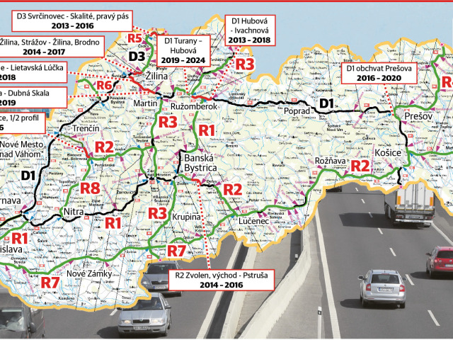diaľničná mapa Slovenska, diaľnice, Slovensko, D1, D2, D3, D4, R2, R7, R3, R4, R8, R1, R5, R6