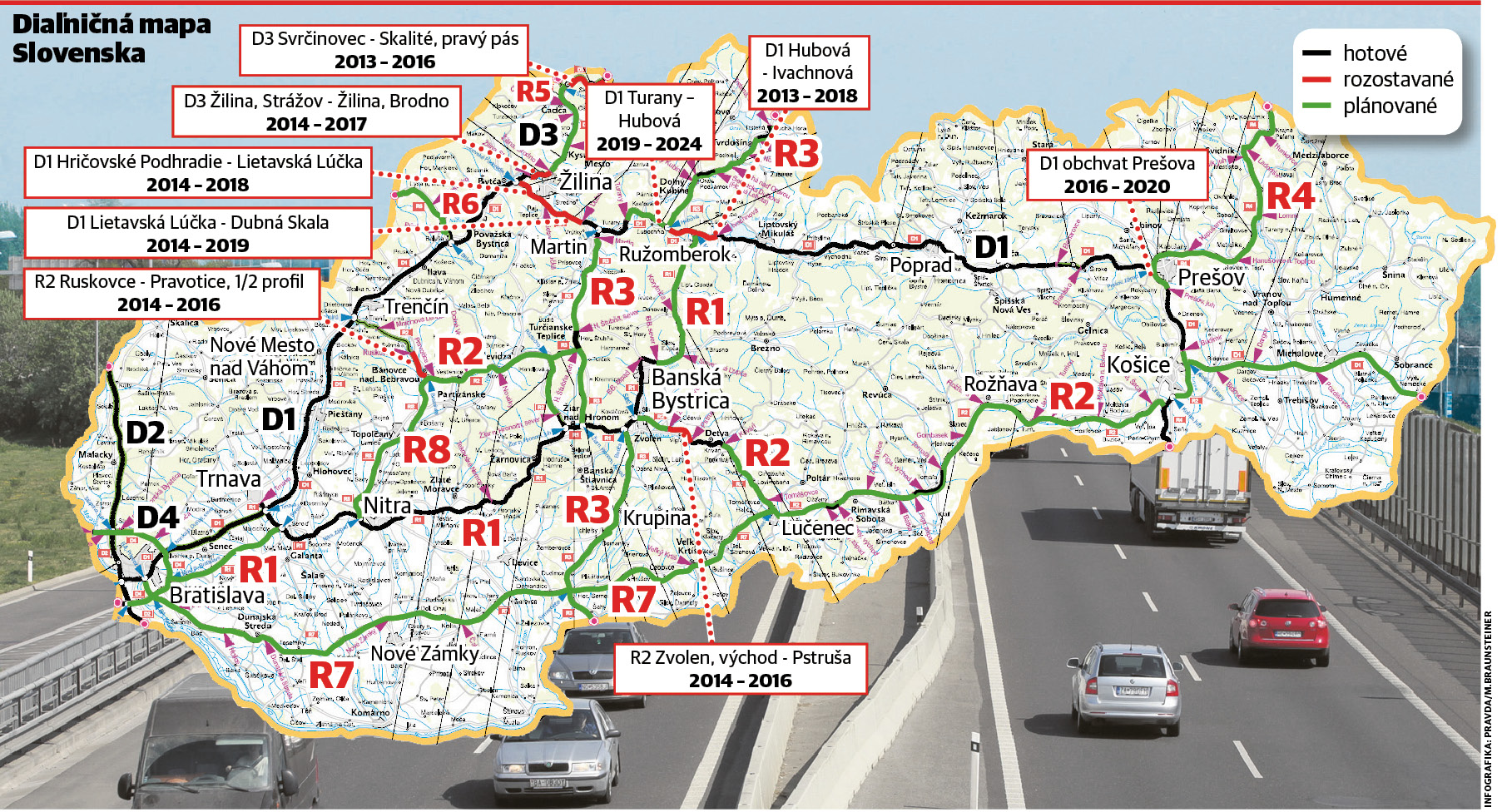 diaľničná mapa Slovenska, diaľnice, Slovensko, D1, D2, D3, D4, R2, R7, R3, R4, R8, R1, R5, R6