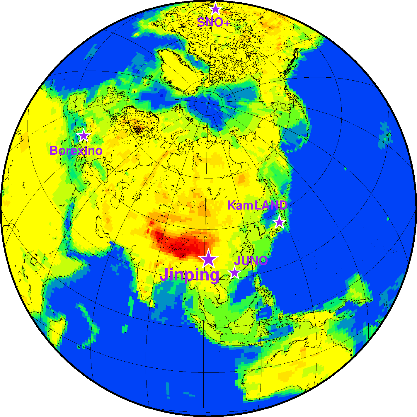 Mapa detektorov, ktoré majú pátrať po antineutrínach. Dva v Číne a jeden v Kanade by sa mali do prevádzky dostať najneskôr v roku 2022.