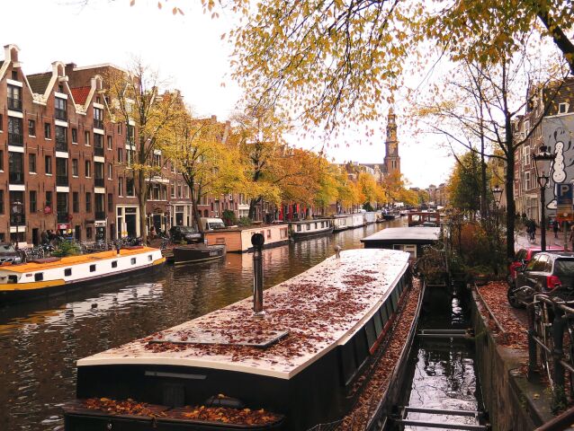 Amsterdam, Holandsko, kanál, loď, čln, jeseň,