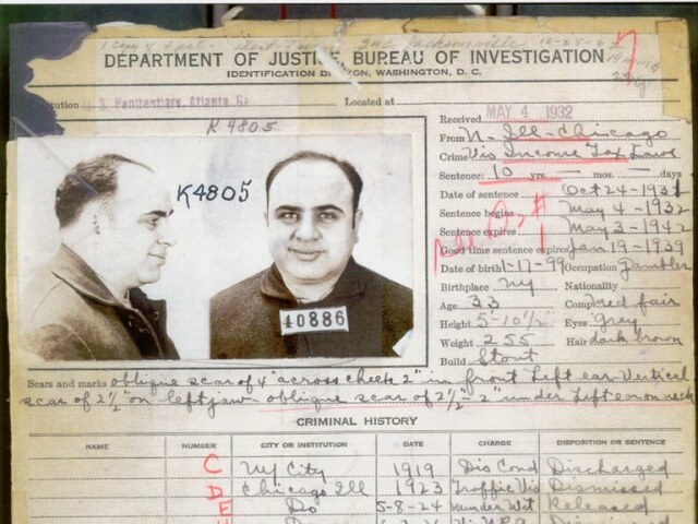 Al Capone, FBI, trestný záznam, mafia, mafián, trestný čin