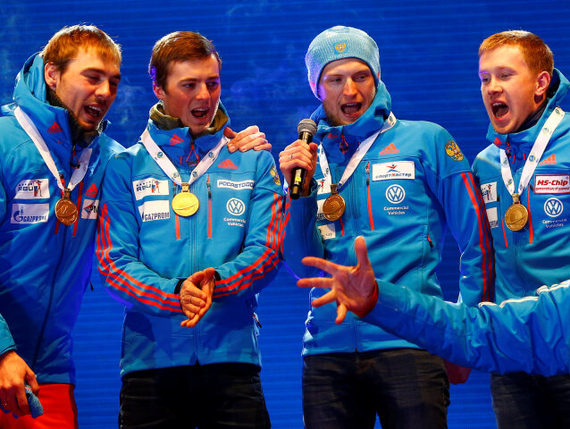 ruskí biatlonisti, Alexej Volkov, Maxim Cvetkov, Anton Babikov, Anton Šipulin