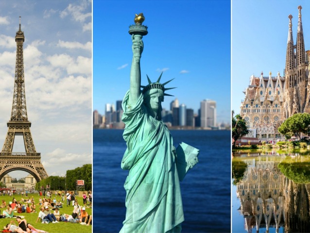 koláž, Francúzsko, Paríž, Eiffelova veža, USA, New York, Socha slobody, Španielsko, Barcelona, Sagrada Familia