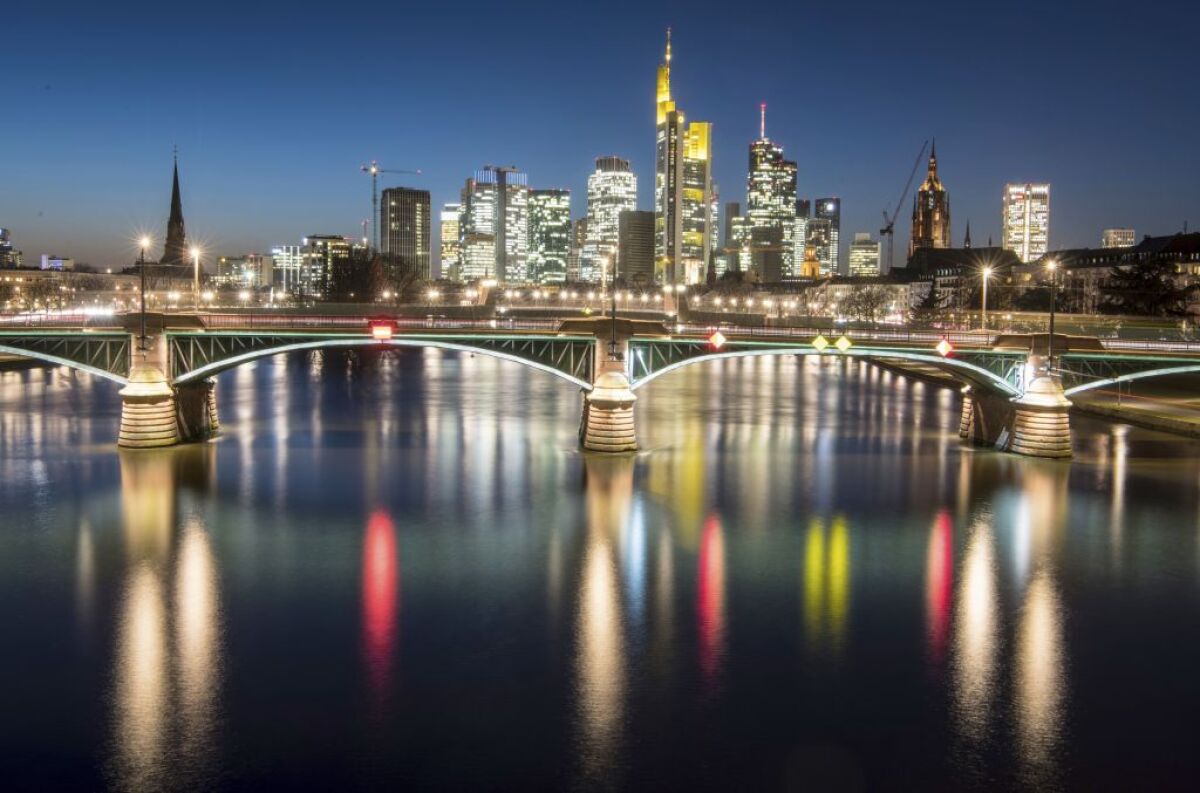 Nemecko, mesto, rieka, odraz, svetlá, noc, Frankfurt