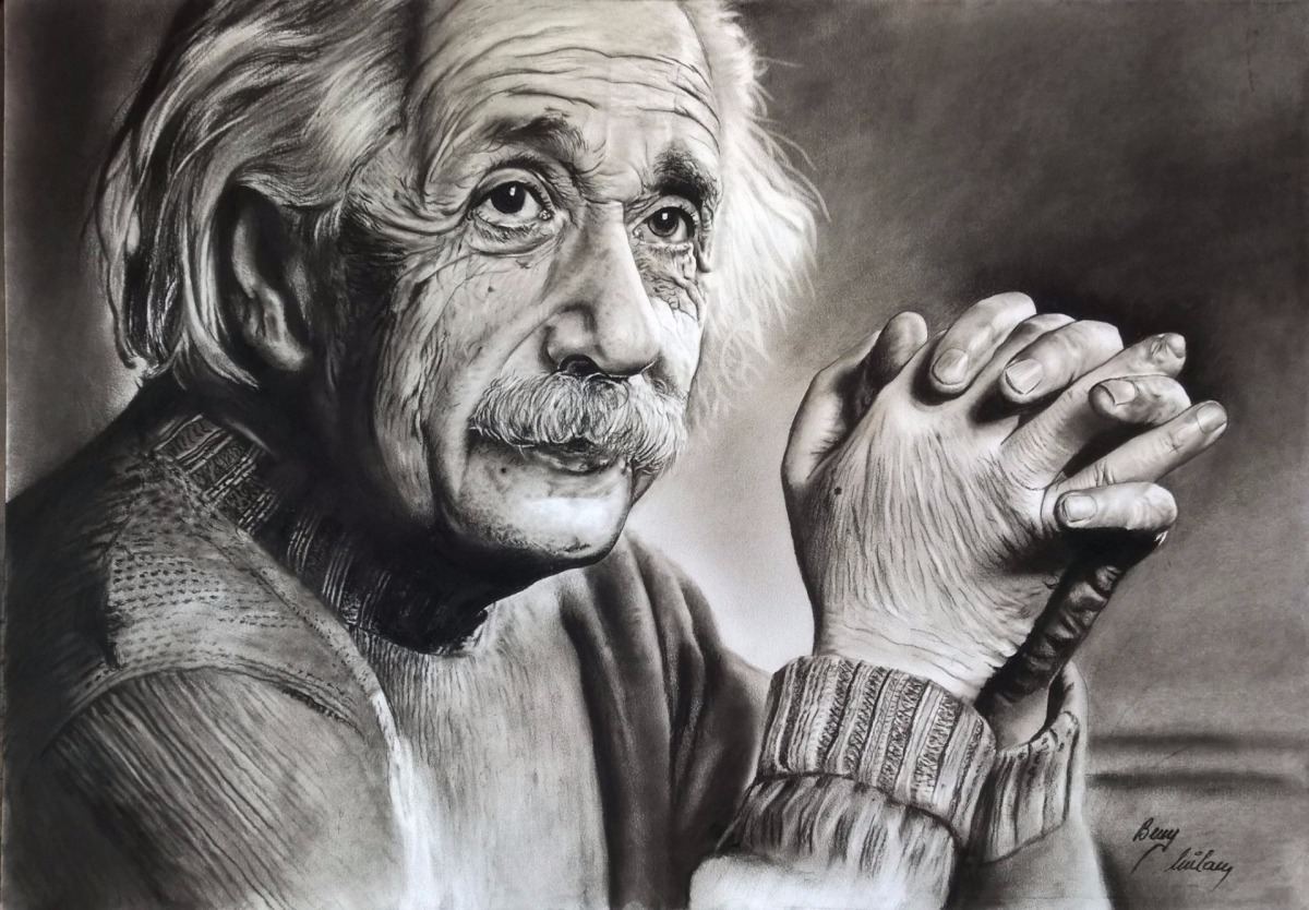 Albert Einstein, portrét, kresba, Milan Berky, autor