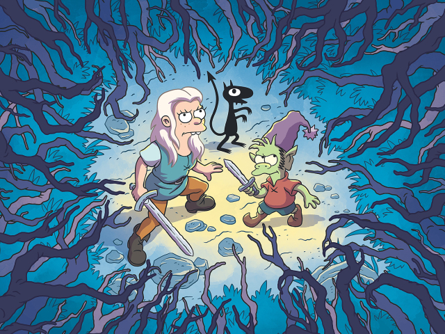 Princezná Bean, ktorá si rada vypije, divoký elf Elfo a osobný démon Luci sú hrdinami seriálu Disenchantment.