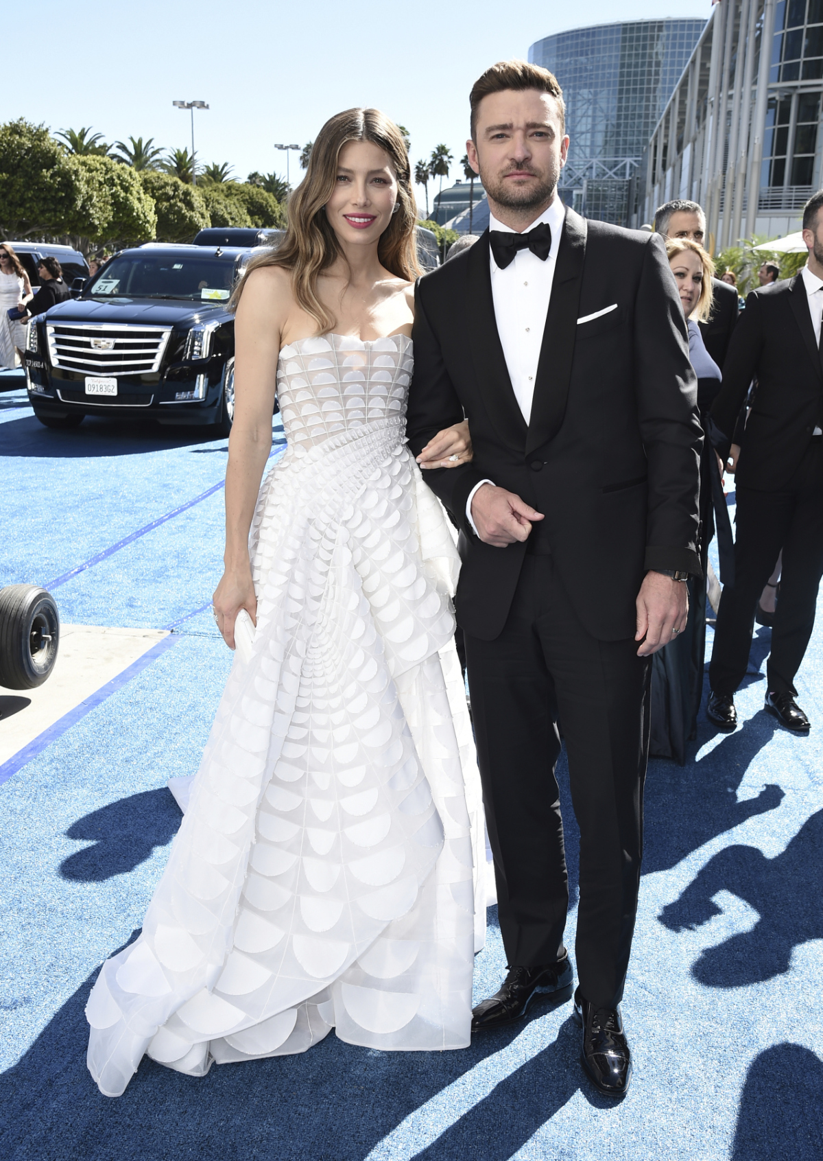 Herečka Jessica Biel a jej manžel Justin Timberlake. Biel prišla v kreácii Ralph & Russo Couture. 