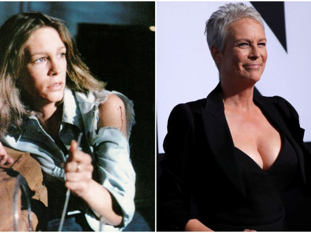 Herečka Jamie Lee Curtis na zábere z filmu Halloween (1978) a na zábere z premiéry filmu Halloween (2018).