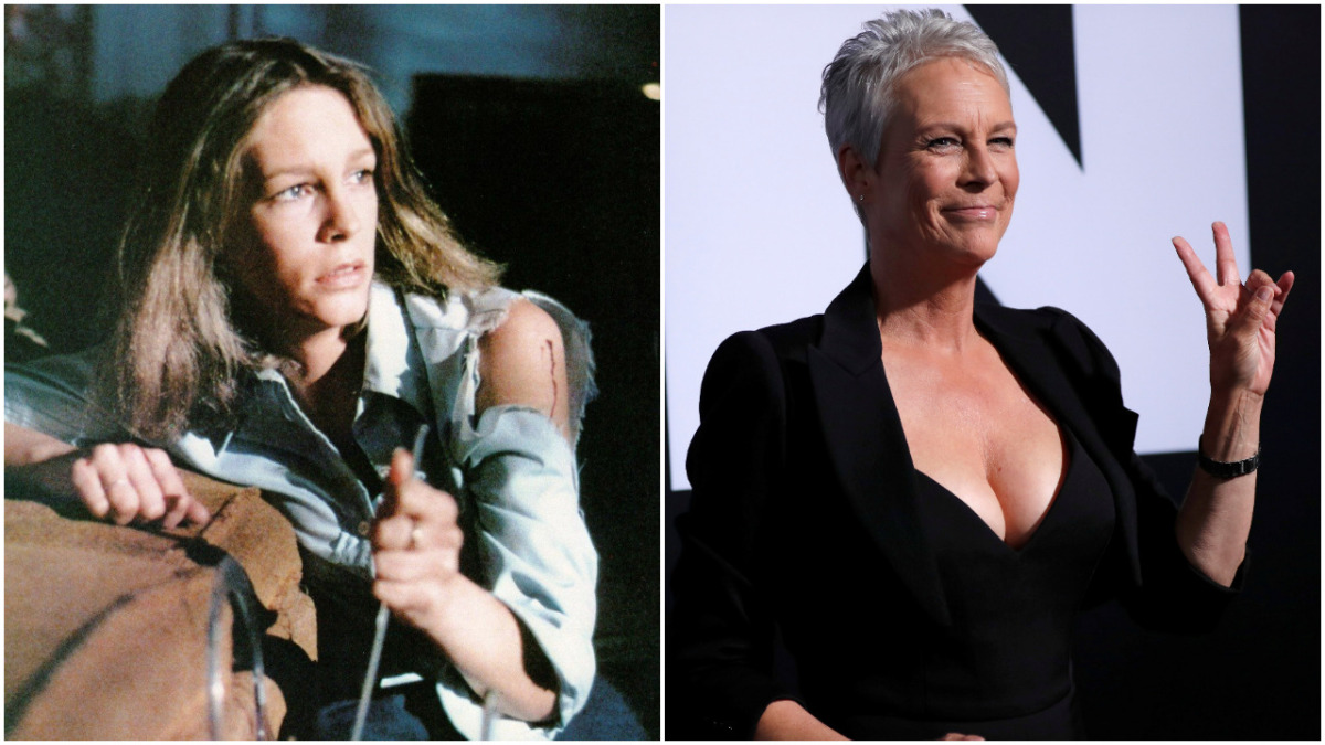 Herečka Jamie Lee Curtis na zábere z filmu Halloween (1978) a na zábere z premiéry filmu Halloween (2018).