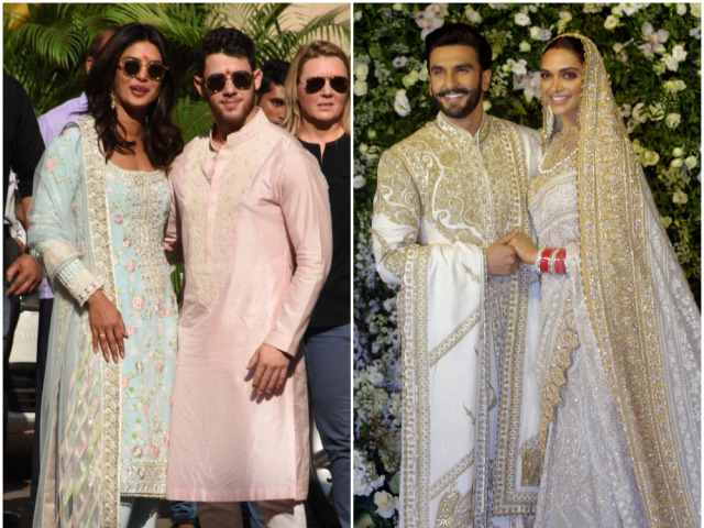 Priyanka Chopra a Nick Jonas (vľavo) a Deepika Padukone a Ranveer Singh