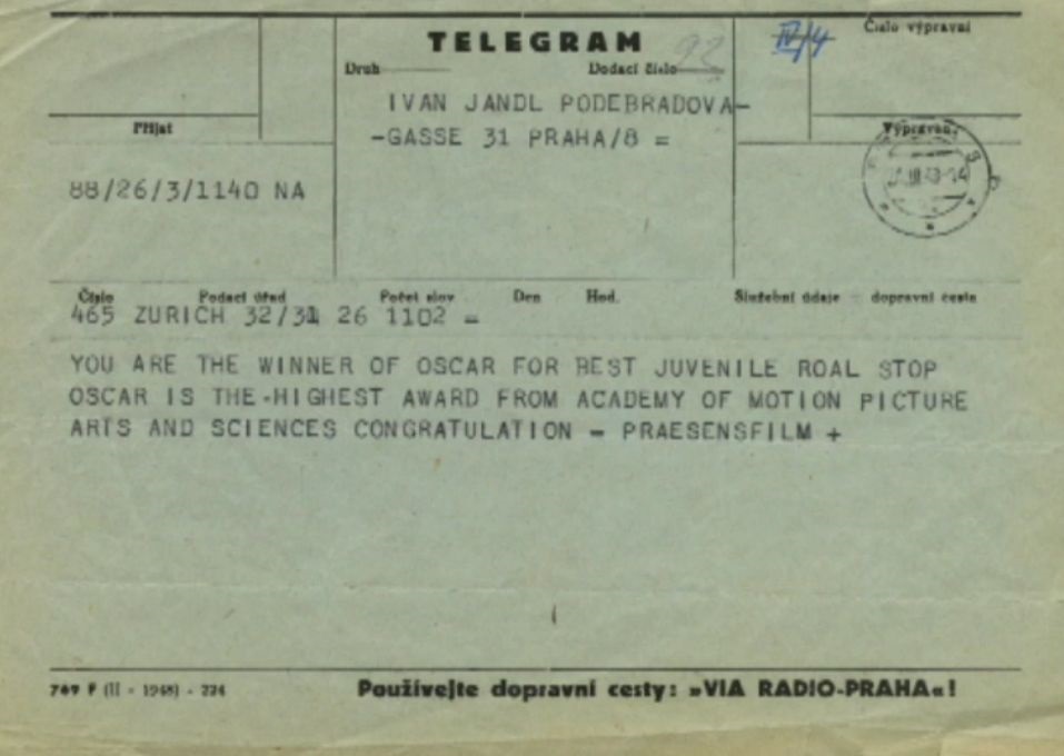 Telegram Jandlovi, v ktorom mu oznamujú, že vyhral Oscara.