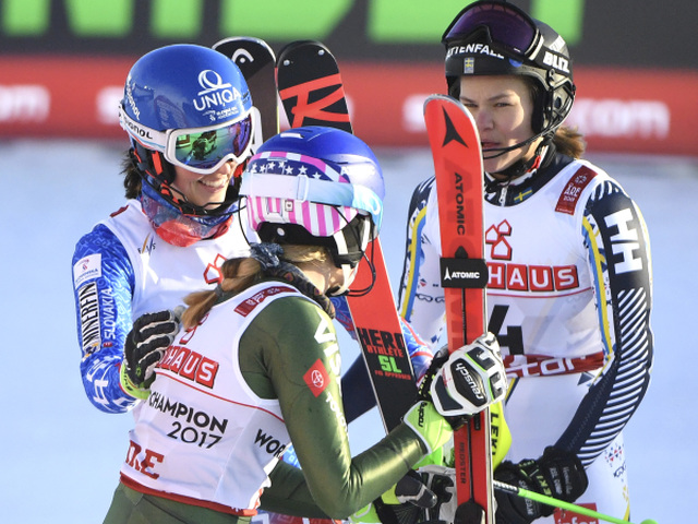 Petra Vlhová, Mikaela Shiffrinová, Anna Swennová Larssonová