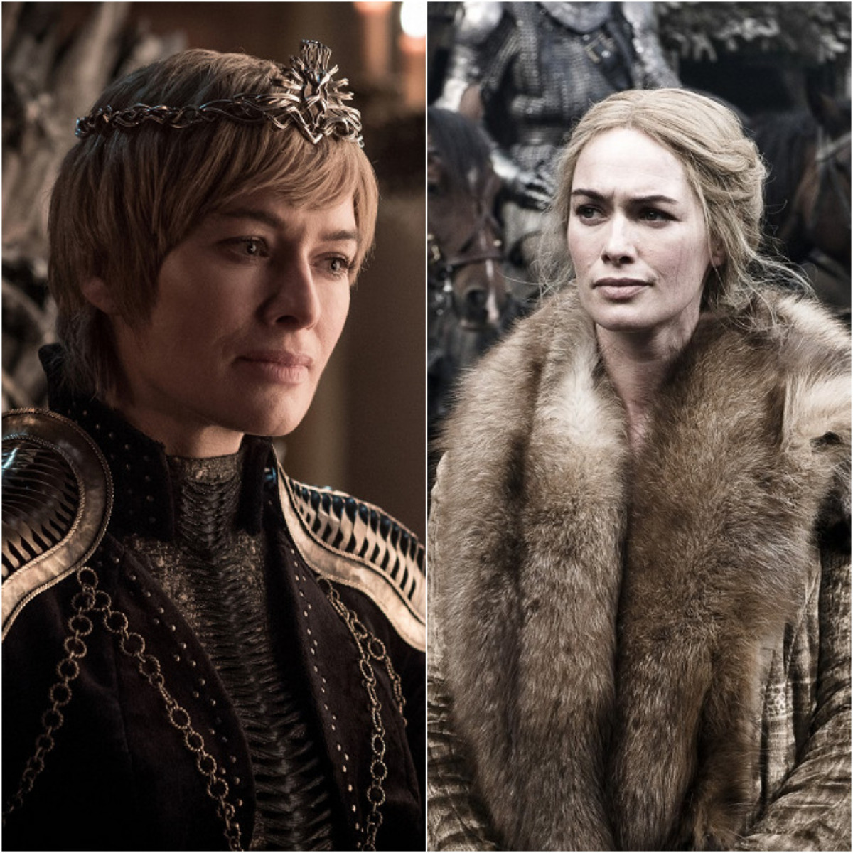 Herečka Lena Headey (predstaviteľka Cersei Lannisterovej) na zábere z ôsmej série (vľavo) a v prvej sérii seriálu Hra o tróny. 