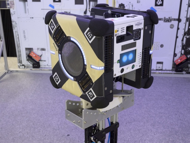 Astrobee flight units and docking unit in granite table lab at the Atomated Science Research Facility N-269 NASA Ames Research Center, Moffett Field in Silicon Valley California. 