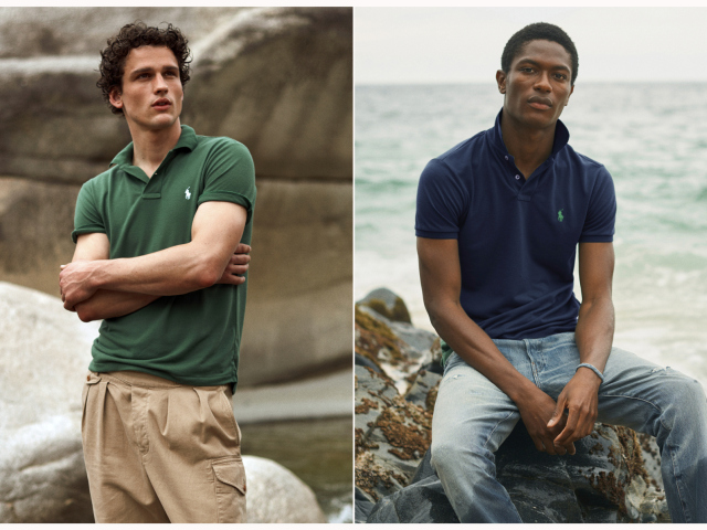 Záber z novej kolekcie tričiek značky Ralph Lauren, ktoré dostali názov Earth Polo a ktoré sa vyrábajú z plastových fliaš a farbia bez použitia vody. 