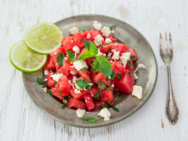 melón, šalát, feta, mäta
