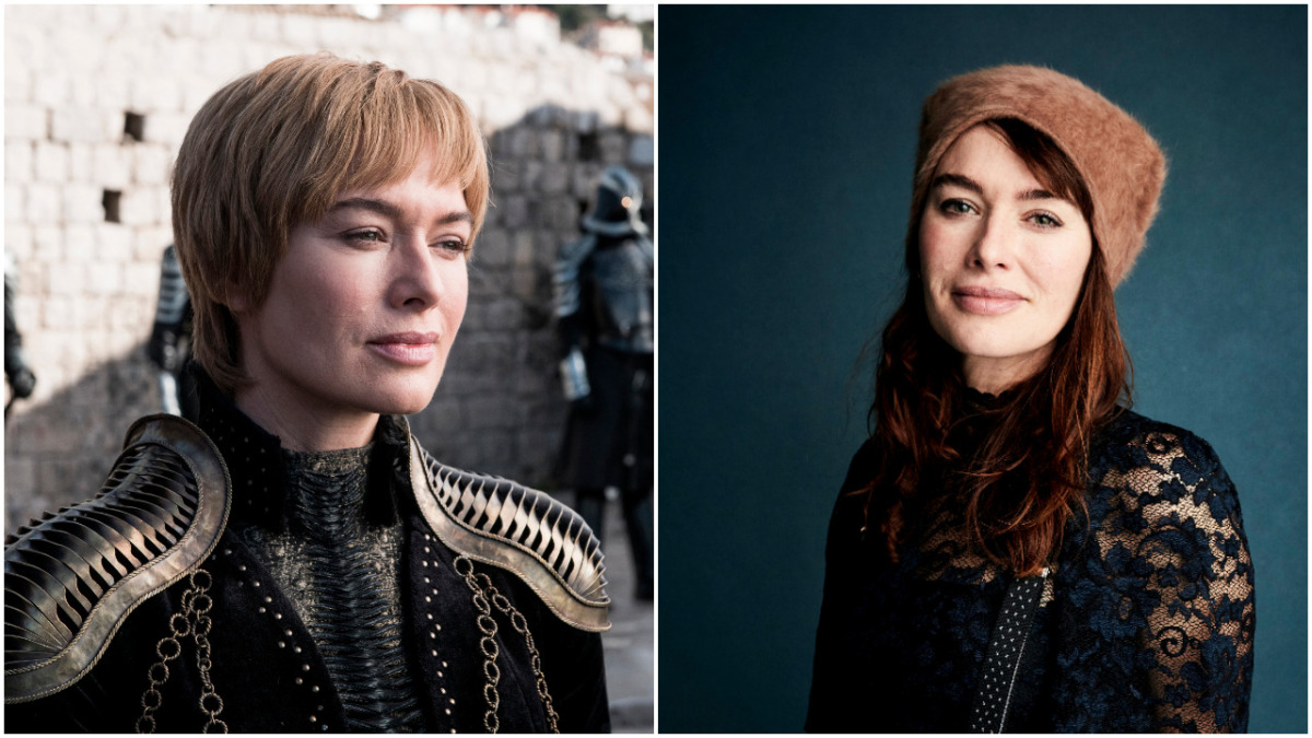 Herečka Lena Headey na snímke v seriáli Hra o tróny (vľavo) a v civile. 
